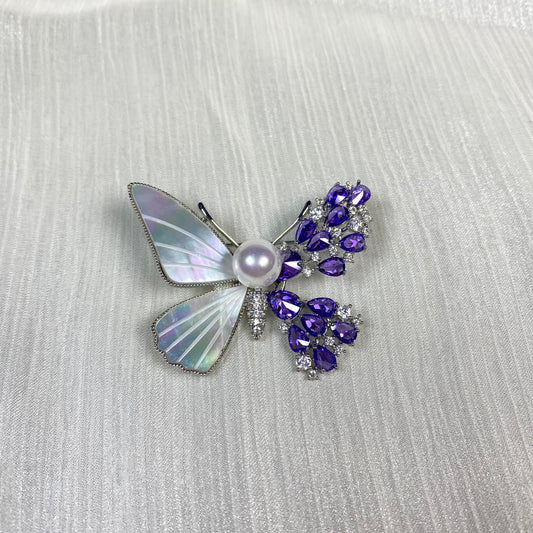 Nacrebloom Butterfly Brooches, Freshwater Pearl Brooch 9.5mm-10.0mm Inlaid shell petal pin, wedding gift, High-quality pearl brooch