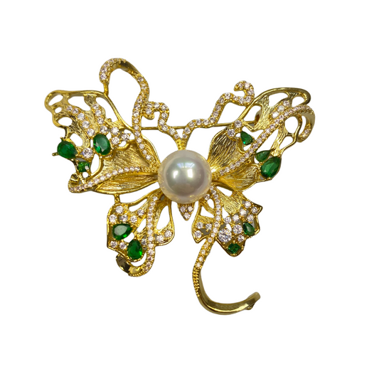Nacrebloom Freshwater Pearl Brooch 9.5mm-10.0mm Emerald butterfly Pearl Pin