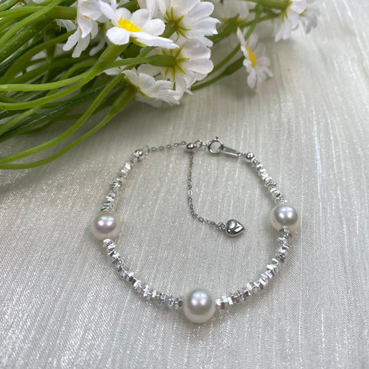 7.5mm White Freshwater Pearl Bracelet - AAA Quality-Pure silver hand-woven pearl bracelet - Wedding gift