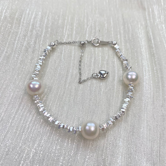7.5mm White Freshwater Pearl Bracelet - AAA Quality-Pure silver hand-woven pearl bracelet - Wedding gift