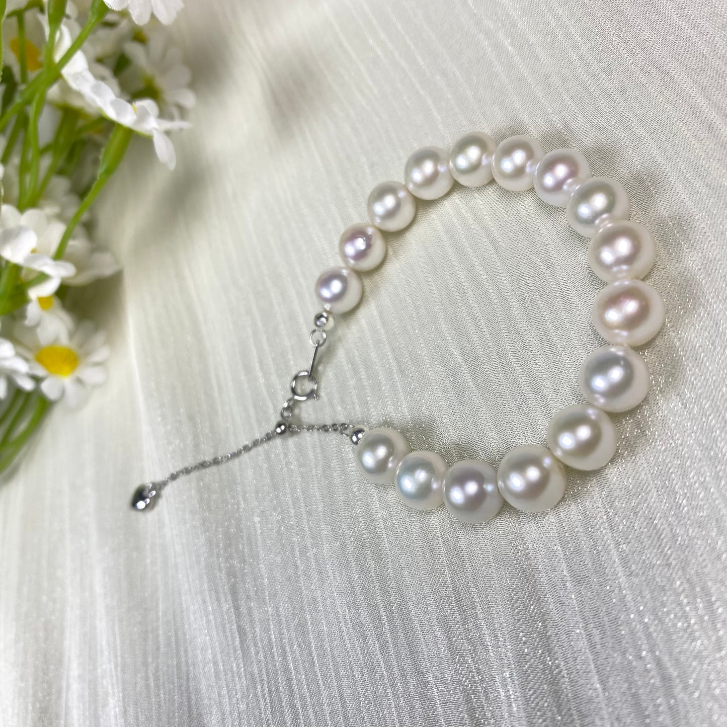7.5mm White Freshwater Pearl Bracelet - AAA Quality-handmade pearl bracelet-S925 Silver clasps - Wedding gift - Adjustable Length Pearl Bracelet