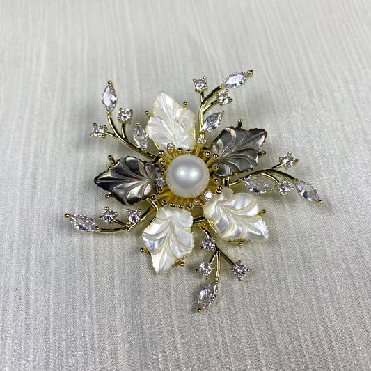 Nacrebloom Freshwater Pearl Brooch 9.5mm-10.0mm Inlaid shell petal pin, wedding gift, High-quality pearl brooch,