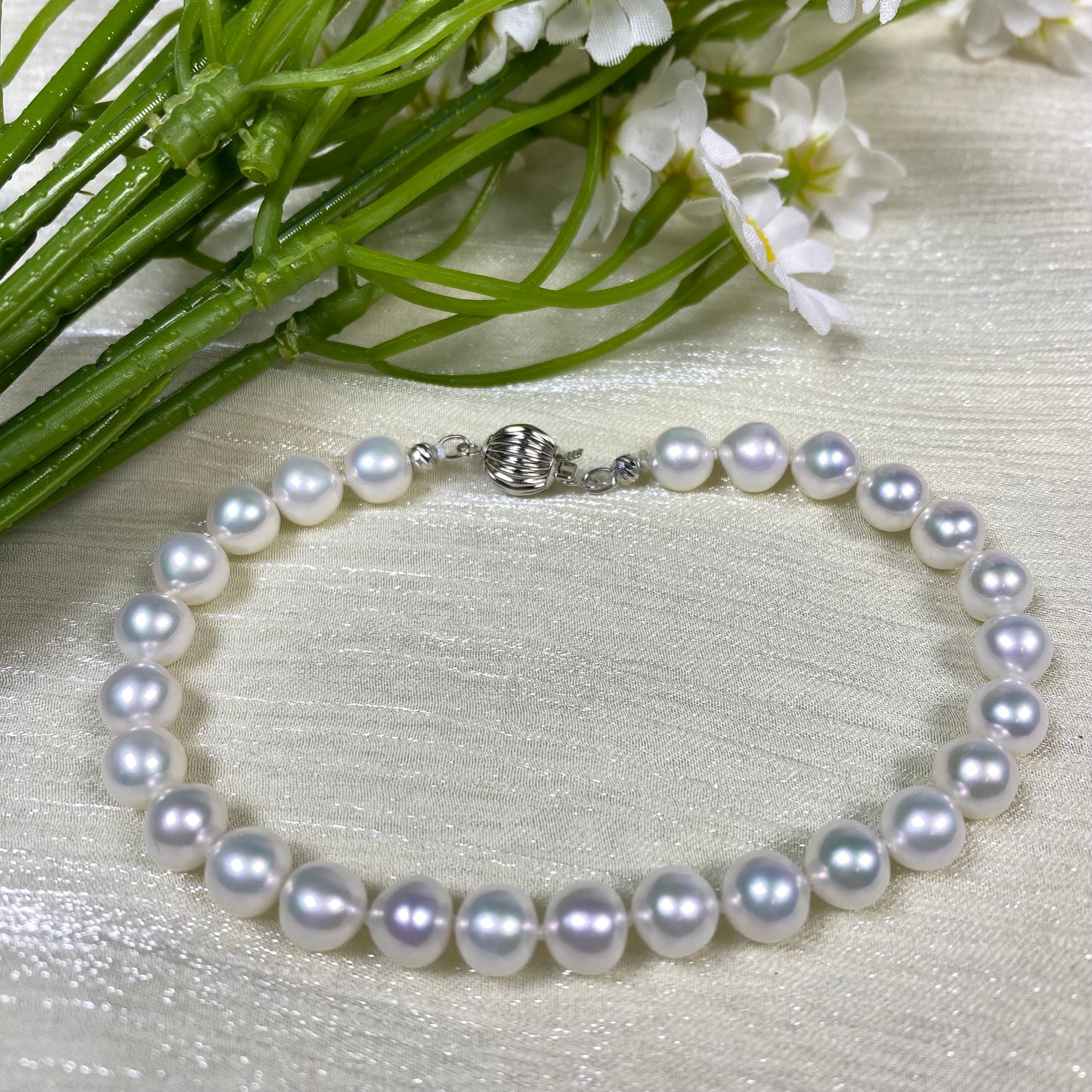 6.5mm White Freshwater Pearl Bracelet - AAA Quality-handmade pearl bracelet-S925 Silver clasps - Wedding gift