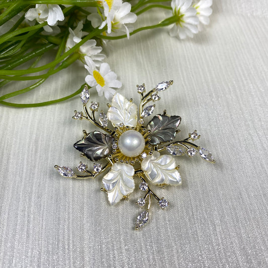Nacrebloom Flowers Brooches, Freshwater Pearl Brooch 8.5mm-9.0mm Inlaid shell petal pin, wedding gift, High-quality pearl brooch
