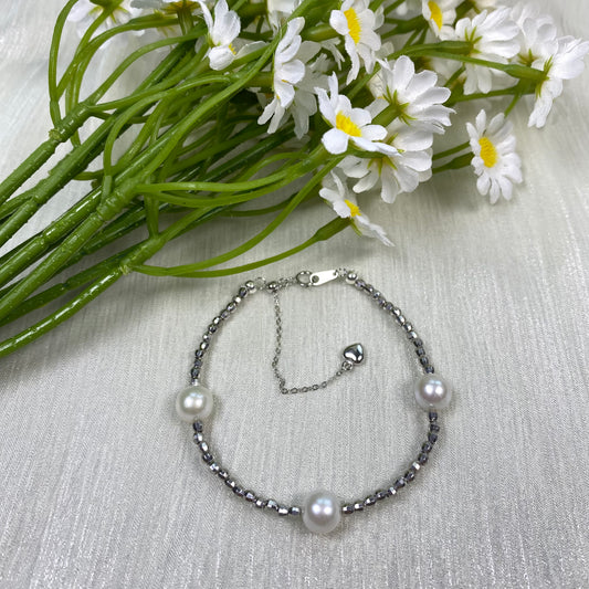 6.5mm White Freshwater Pearl Bracelet - AAA Quality-Pure silver hand-woven pearl bracelet - Wedding gift