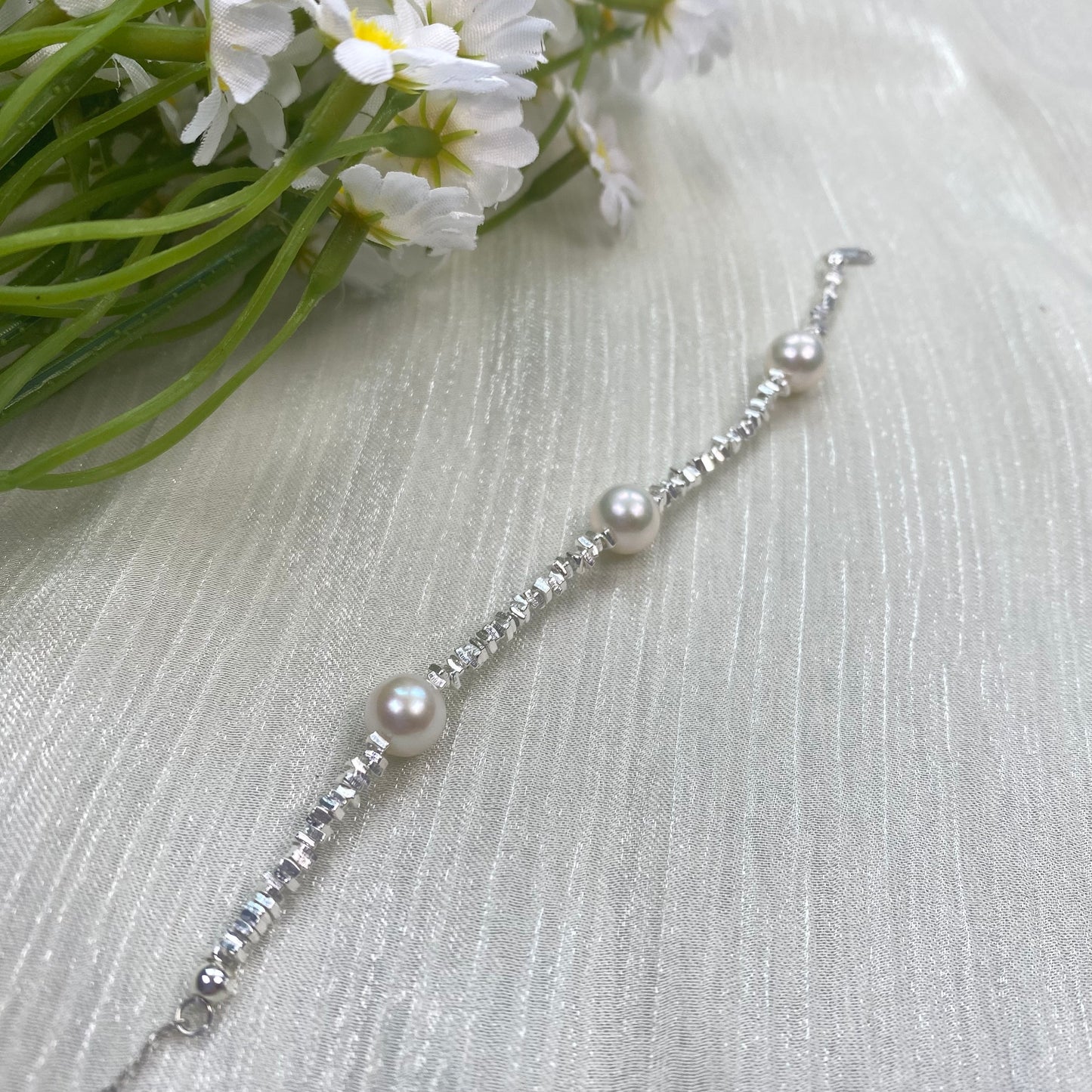 7.5mm White Freshwater Pearl Bracelet - AAA Quality-Pure silver hand-woven pearl bracelet - Wedding gift