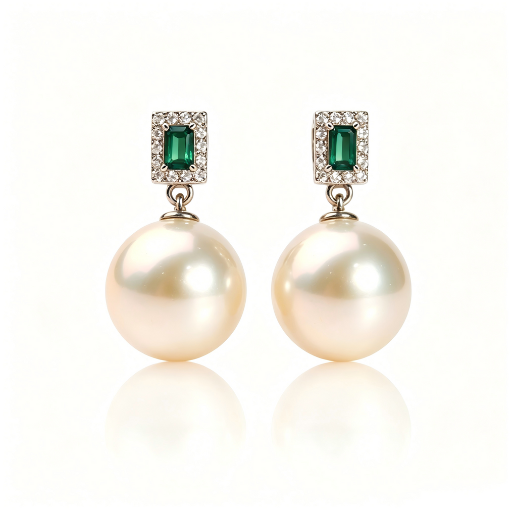 AAAAA Real Freshwater Pearl Earrings, S925 Sterling Silver, Emerald Earring