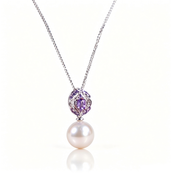 AAAAA Freshwater Pearl Pendant, S925 Sterling Silver adjustable Chain,Purple zircon pendant