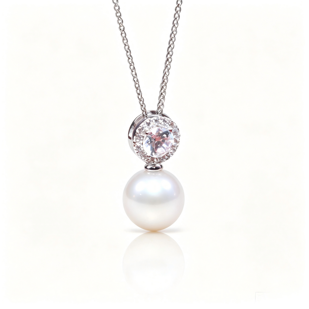 AAAAA Freshwater Pearl Pendant, S925 Sterling Silver adjustable Chain,Large diamond Pendant