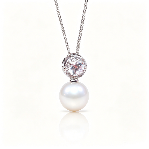 AAAAA Freshwater Pearl Pendant, S925 Sterling Silver adjustable Chain,Large diamond Pendant