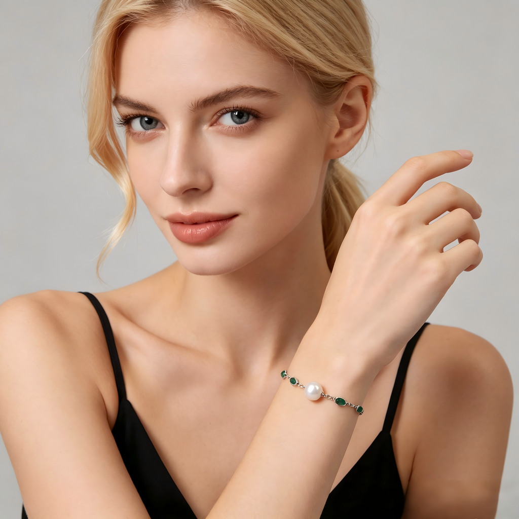 AAAA Grade 8/10mm Aurora Freshwater Pearl Bracelet With Emerald Green Gemstone S925 Adjustable Silver Chain