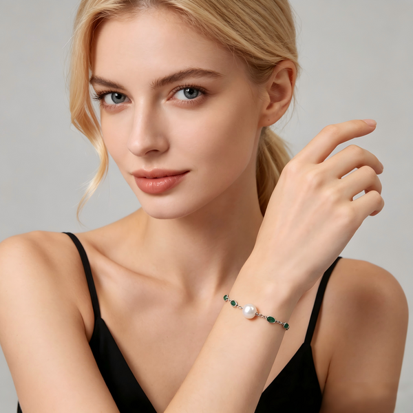AAAA Grade 8/10mm Aurora Freshwater Pearl Bracelet With Emerald Green Gemstone S925 Adjustable Silver Chain