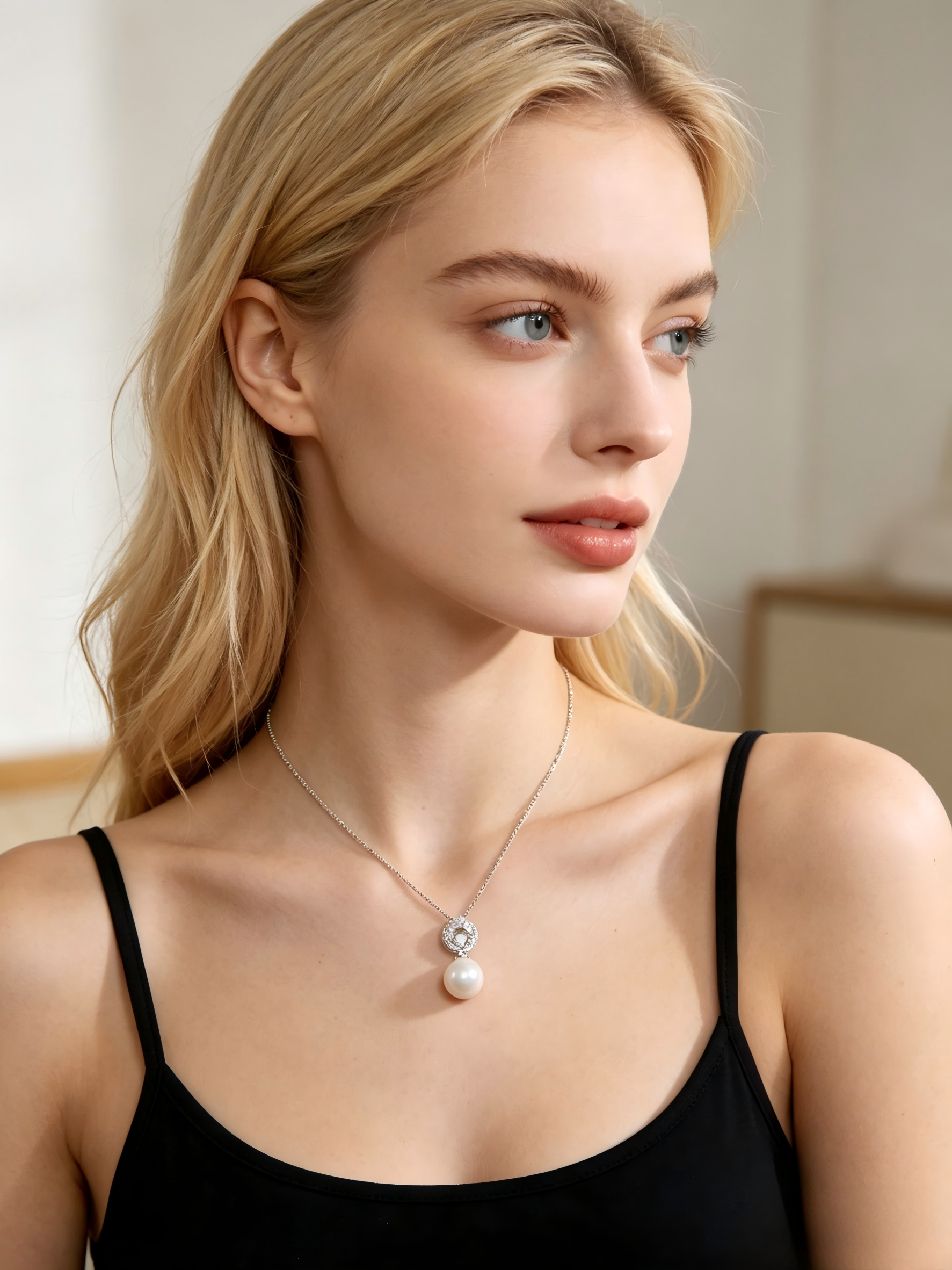 AAAAA Freshwater Pearl Pendant, S925 Sterling Silver adjustable Chain,Large diamond Pendant