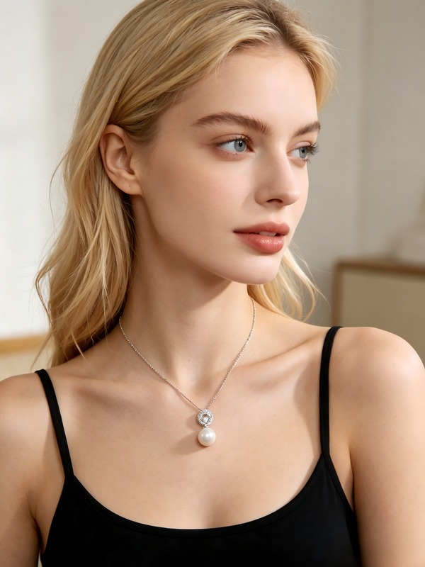 AAAAA Freshwater Pearl Pendant, S925 Sterling Silver adjustable Chain,Large diamond Pendant