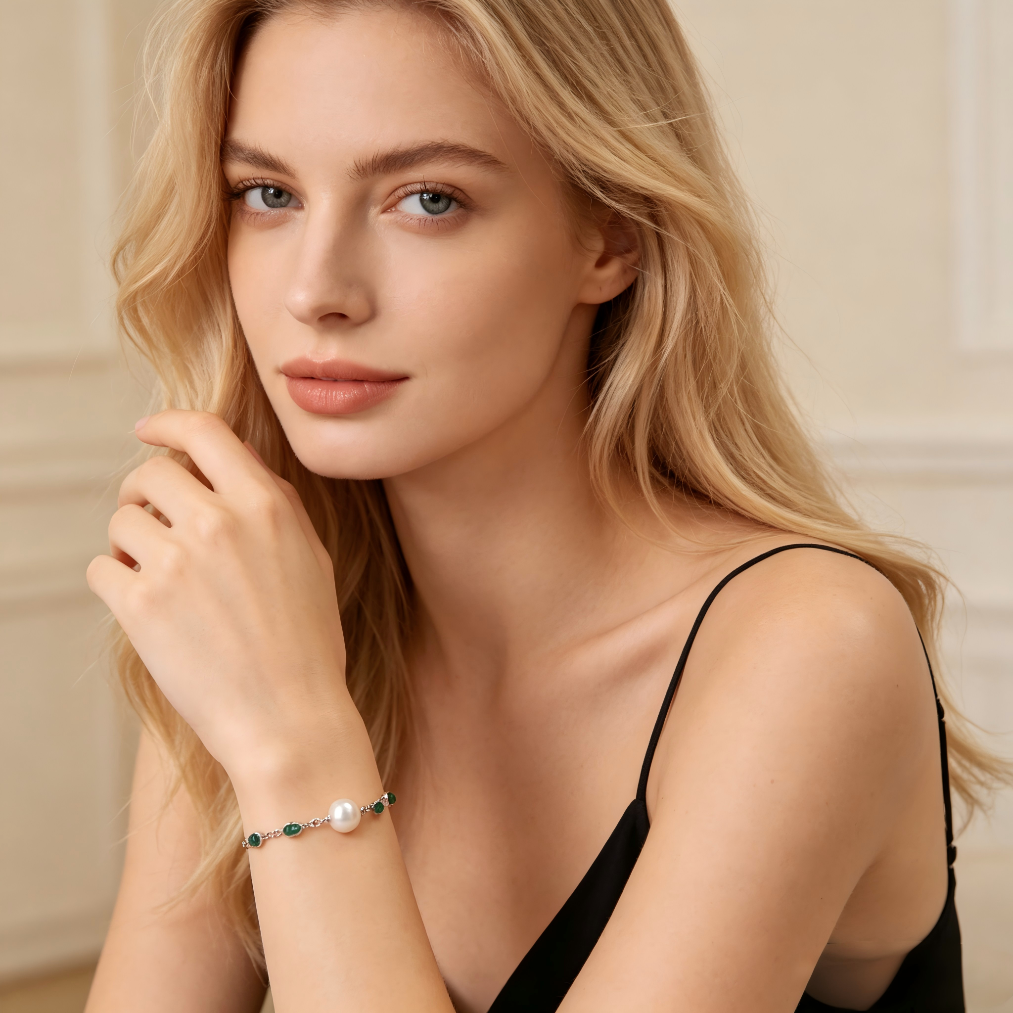 AAAA Grade 8/10mm Aurora Freshwater Pearl Bracelet With Emerald Green Gemstone S925 Adjustable Silver Chain