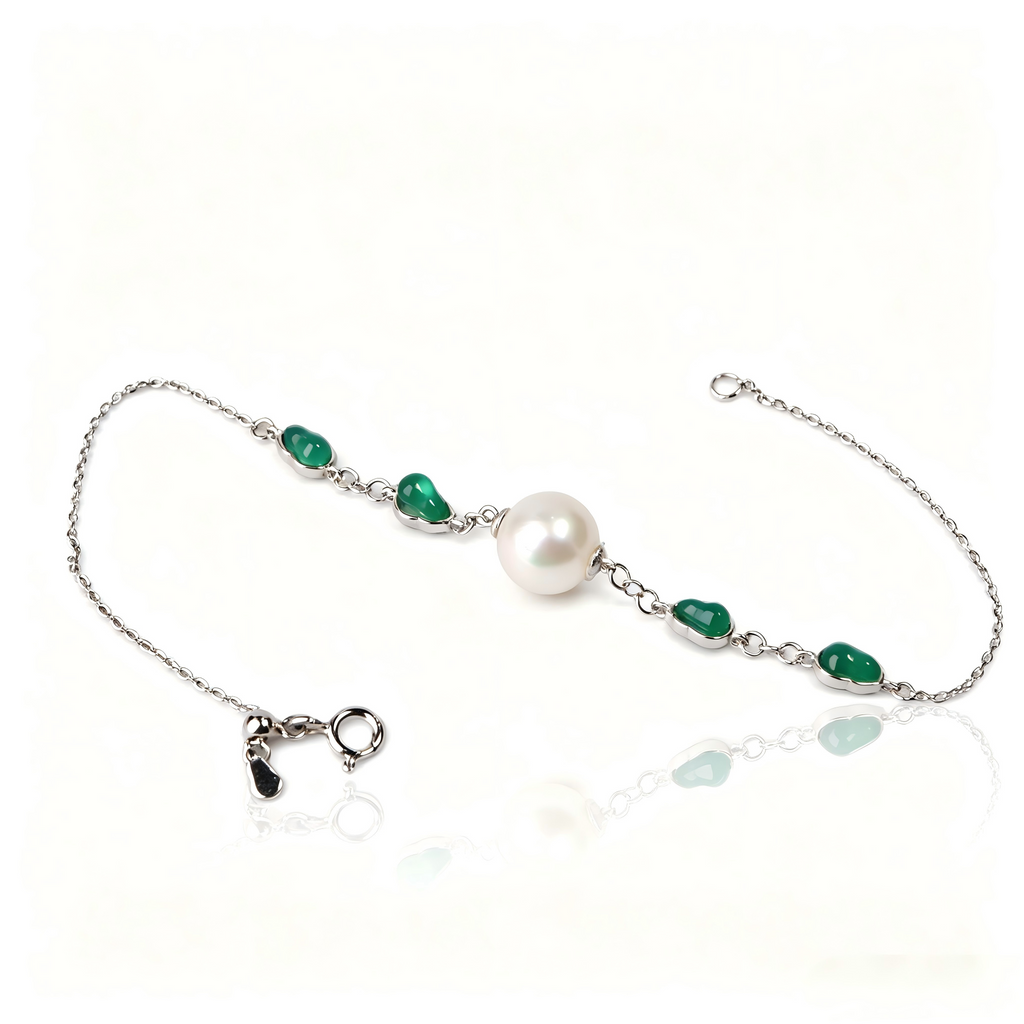 AAAA Grade 8/10mm Aurora Freshwater Pearl Bracelet With Emerald Green Gemstone S925 Adjustable Silver Chain