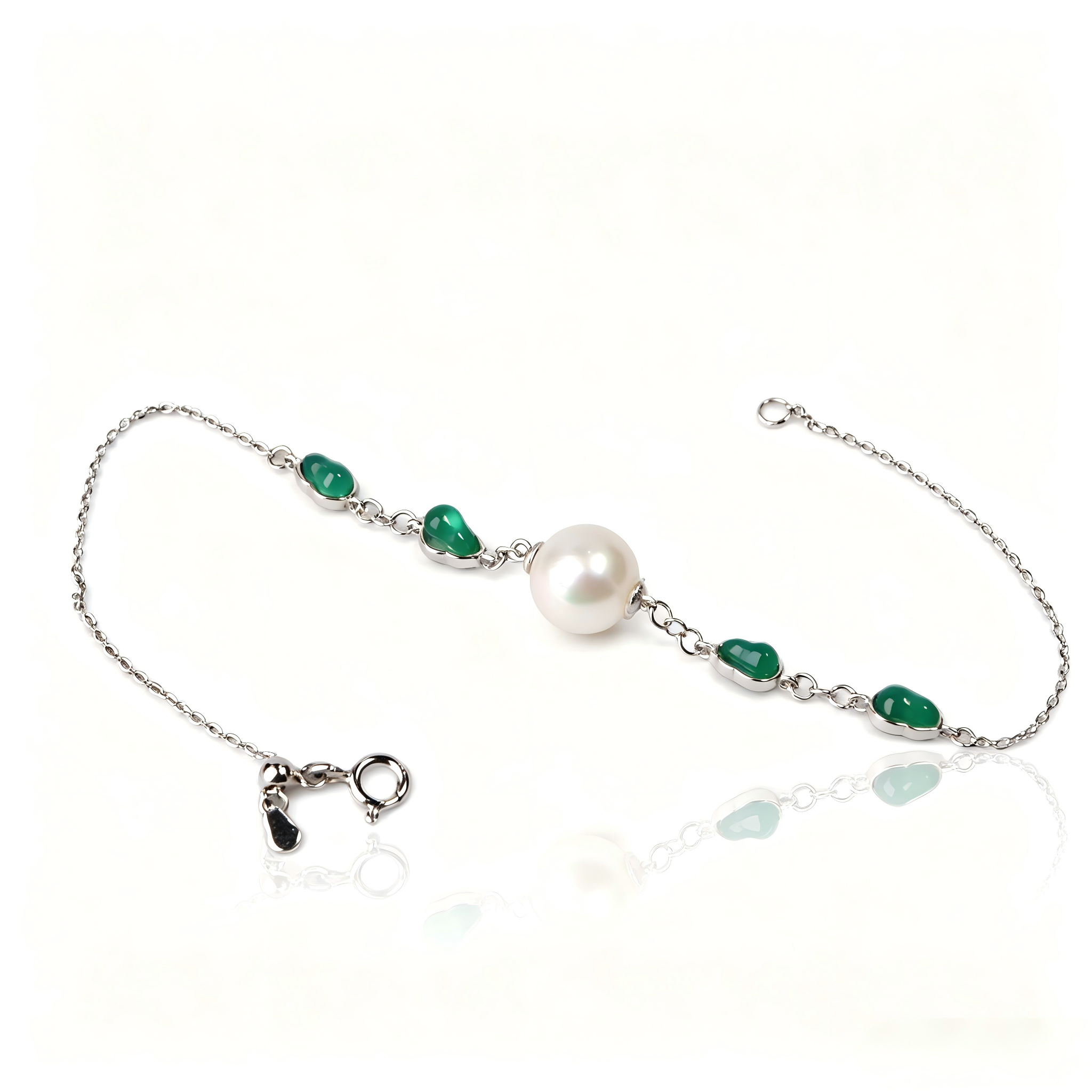 AAAA Grade 8/10mm Aurora Freshwater Pearl Bracelet With Emerald Green Gemstone S925 Adjustable Silver Chain
