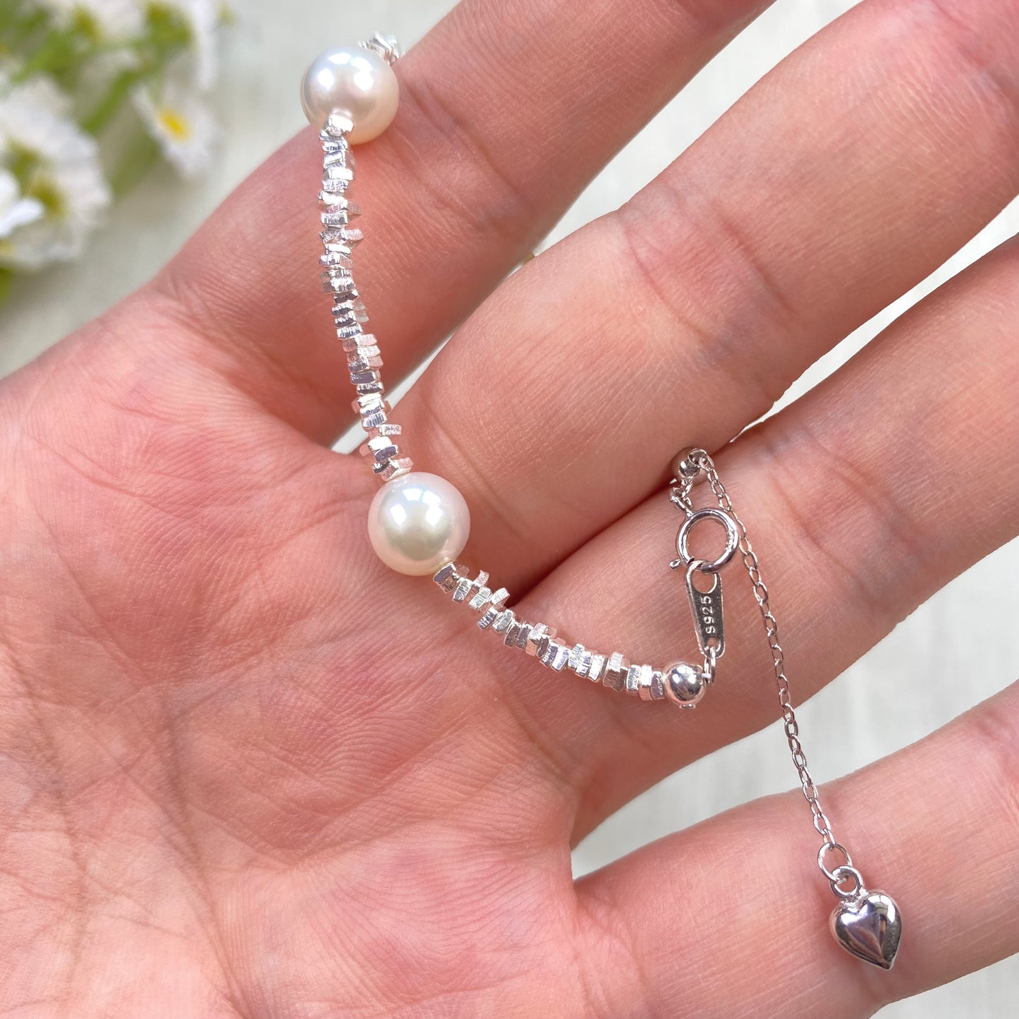 7.5mm White Freshwater Pearl Bracelet - AAA Quality-Pure silver hand-woven pearl bracelet - Wedding gift