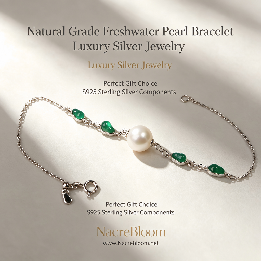 AAAA Grade 8/10mm Aurora Freshwater Pearl Bracelet With Emerald Green Gemstone S925 Adjustable Silver Chain
