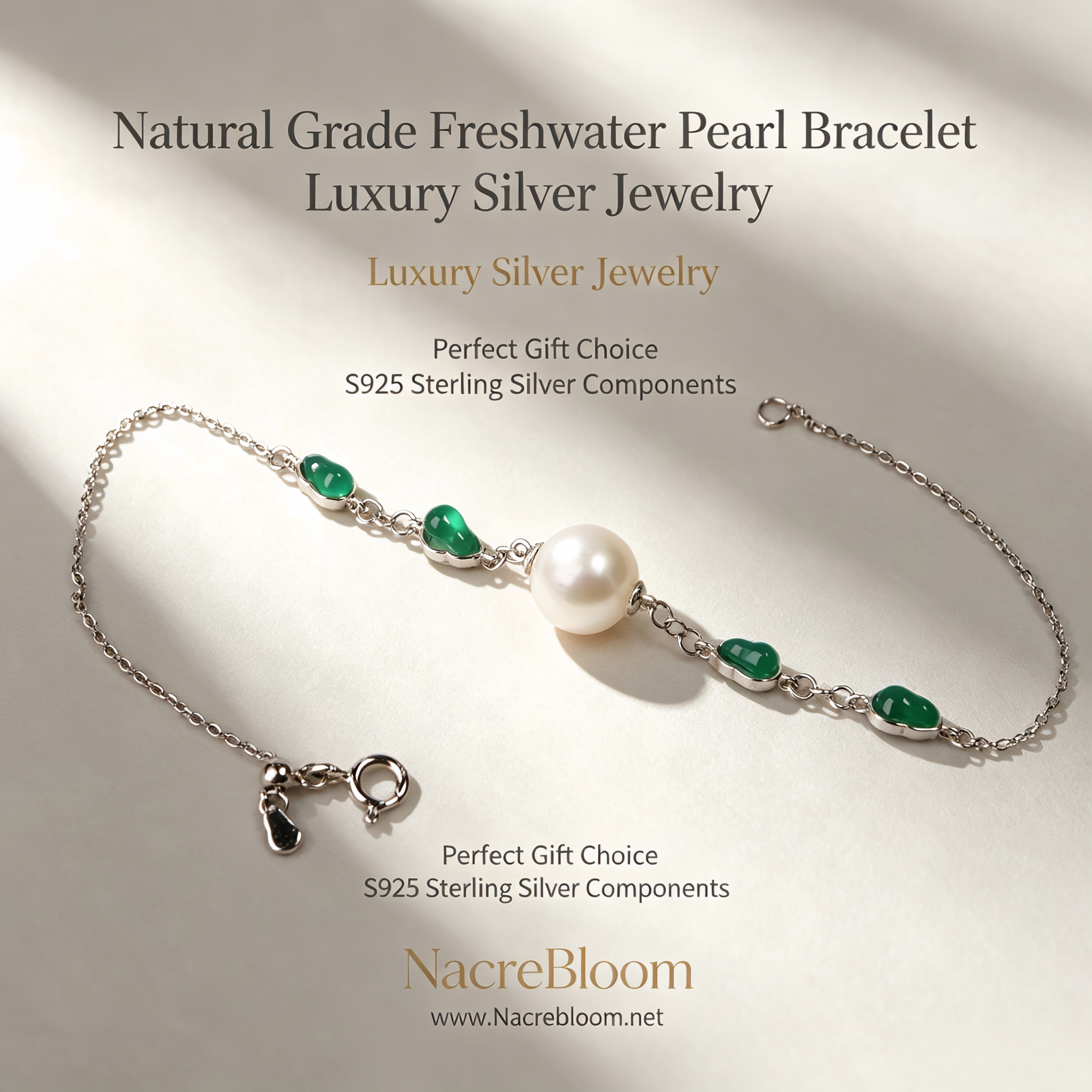 AAAA Grade 8/10mm Aurora Freshwater Pearl Bracelet With Emerald Green Gemstone S925 Adjustable Silver Chain