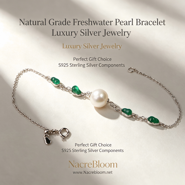 AAAA Grade 8/10mm Aurora Freshwater Pearl Bracelet With Emerald Green Gemstone S925 Adjustable Silver Chain