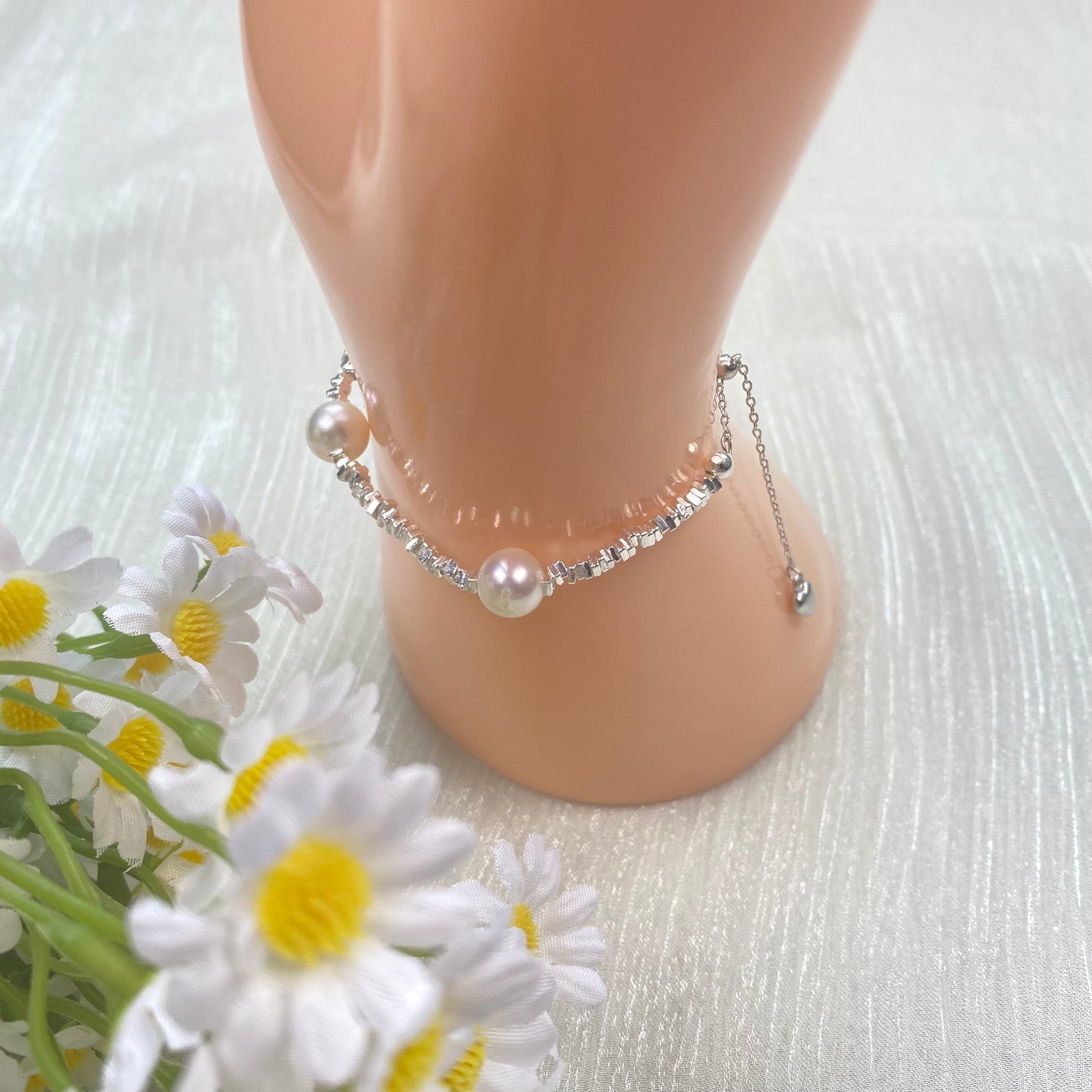 7.5mm White Freshwater Pearl Bracelet - AAA Quality-Pure silver hand-woven pearl bracelet - Wedding gift