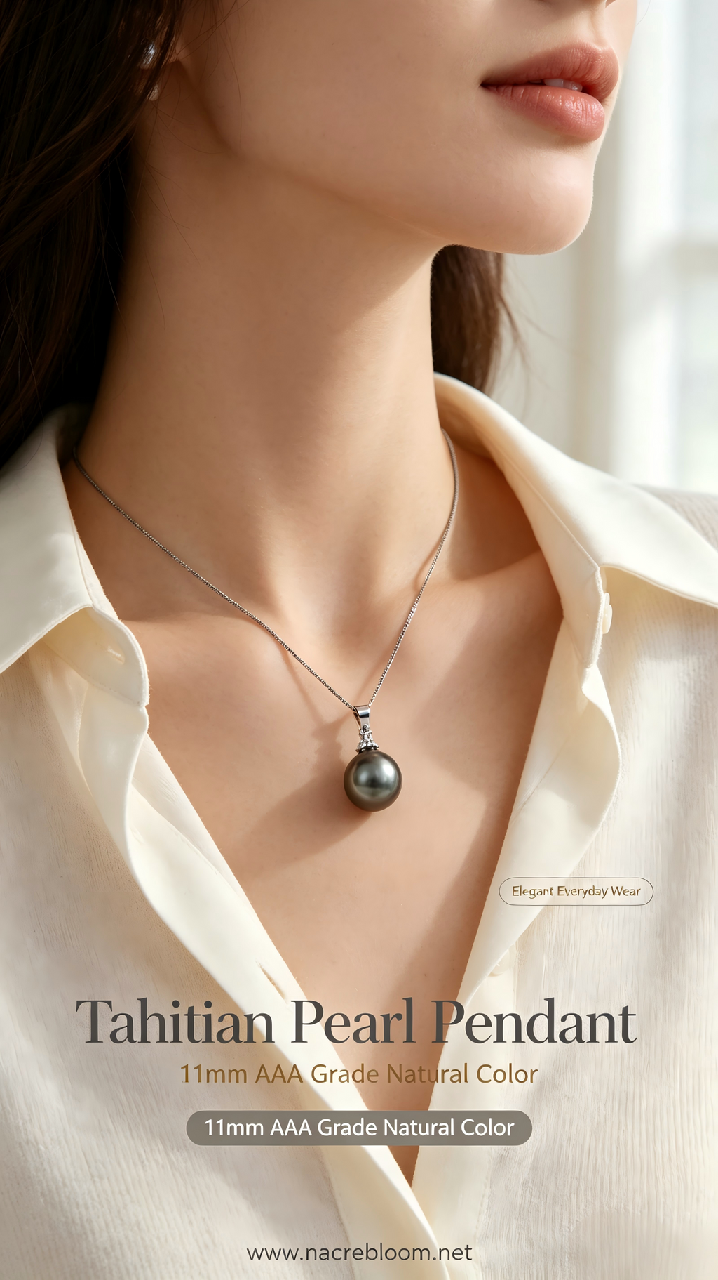 Tahitian Black Pearl Pendant Necklace, 11mm AAA Grade, S925 Sterling Silver