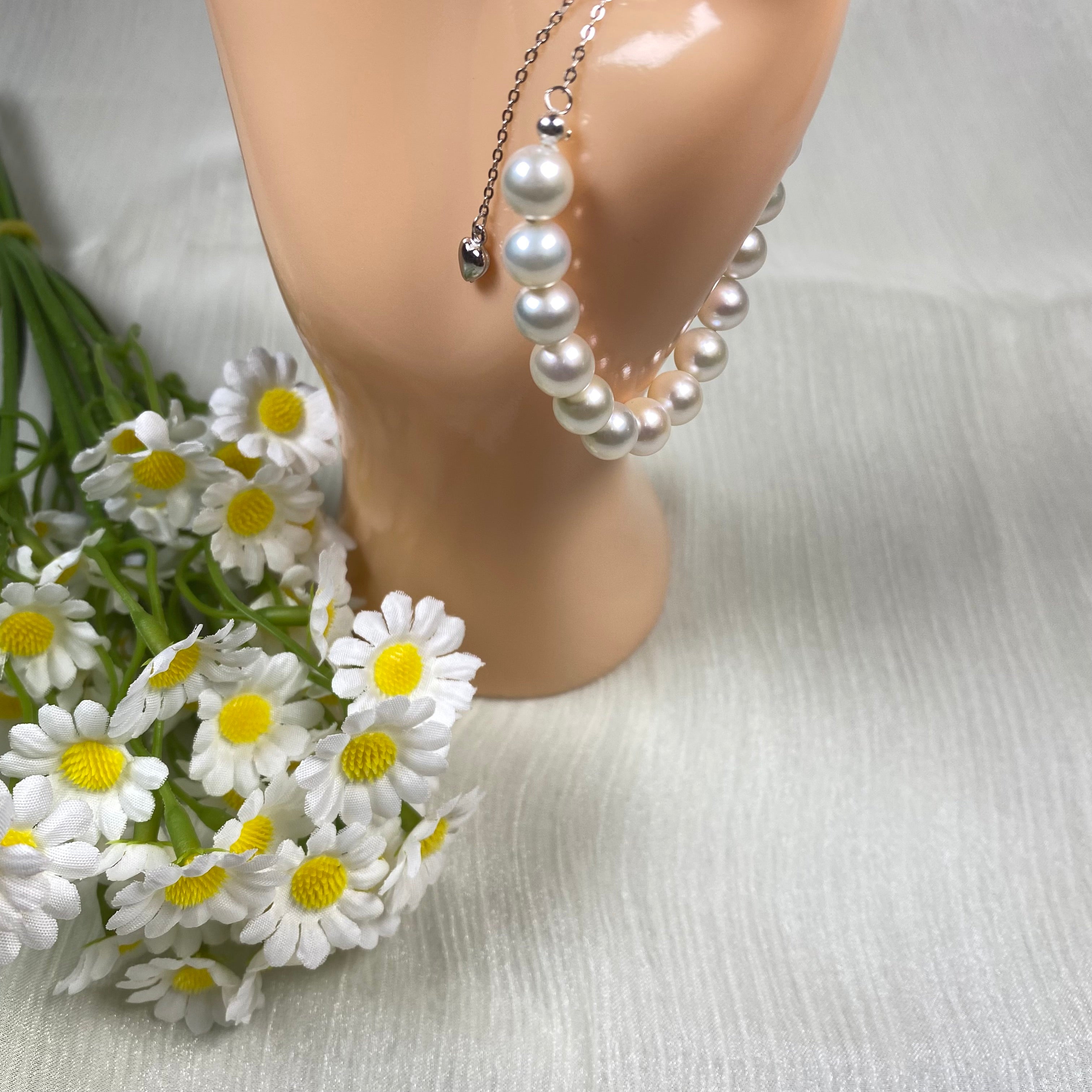 7.5mm White Freshwater Pearl Bracelet - AAA Quality-handmade pearl bracelet-S925 Silver clasps - Wedding gift - Adjustable Length Pearl Bracelet