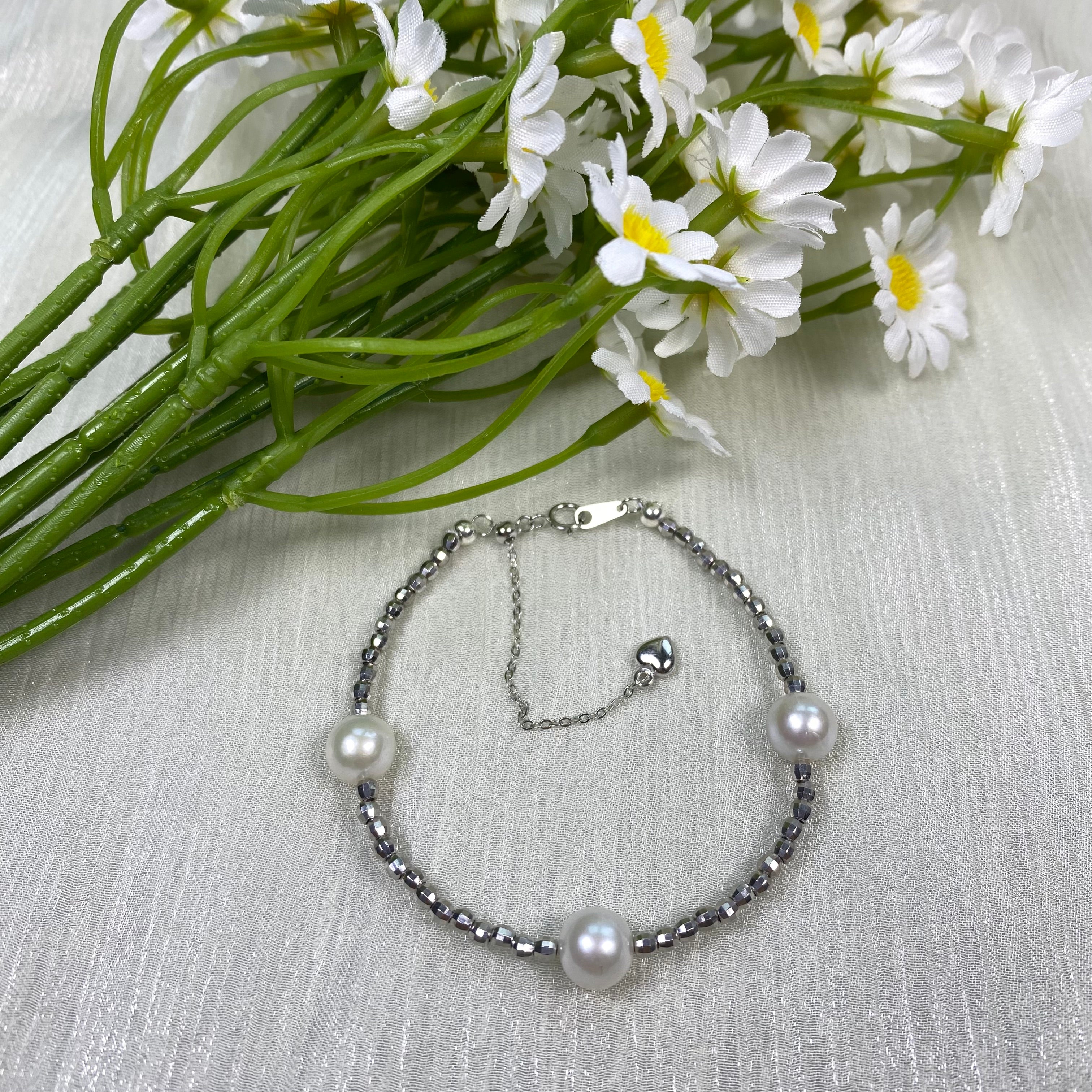 6.5mm White Freshwater Pearl Bracelet - AAA Quality-Pure silver hand-woven pearl bracelet - Wedding gift
